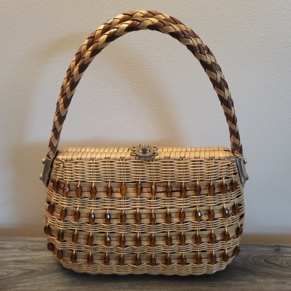 Vintage Handbags - Vintage Beaded Woven Top Handle Bag Natural Wicker MCM